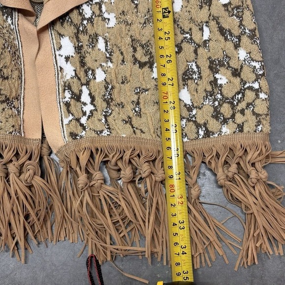 Animal Print Fringe Cardigan Sweater Sz M Faux Suede Piping Italian Boho Western - Picture 7 of 14